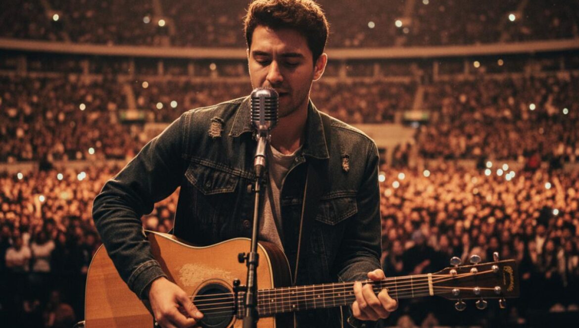 Chanteur à la guitare sur scène, éclairé d’une lumière ambrée, devant une arène bondée la nuit.