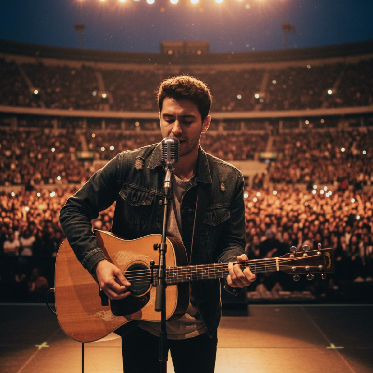 Chanteur à la guitare sur scène, éclairé d’une lumière ambrée, devant une arène bondée la nuit.