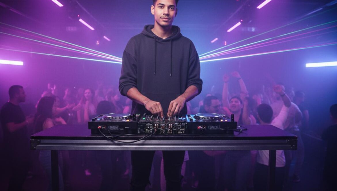DJ jeune en gros plan, mixant sur platines dans un club aux néons, foule floue et lumières colorées autour.