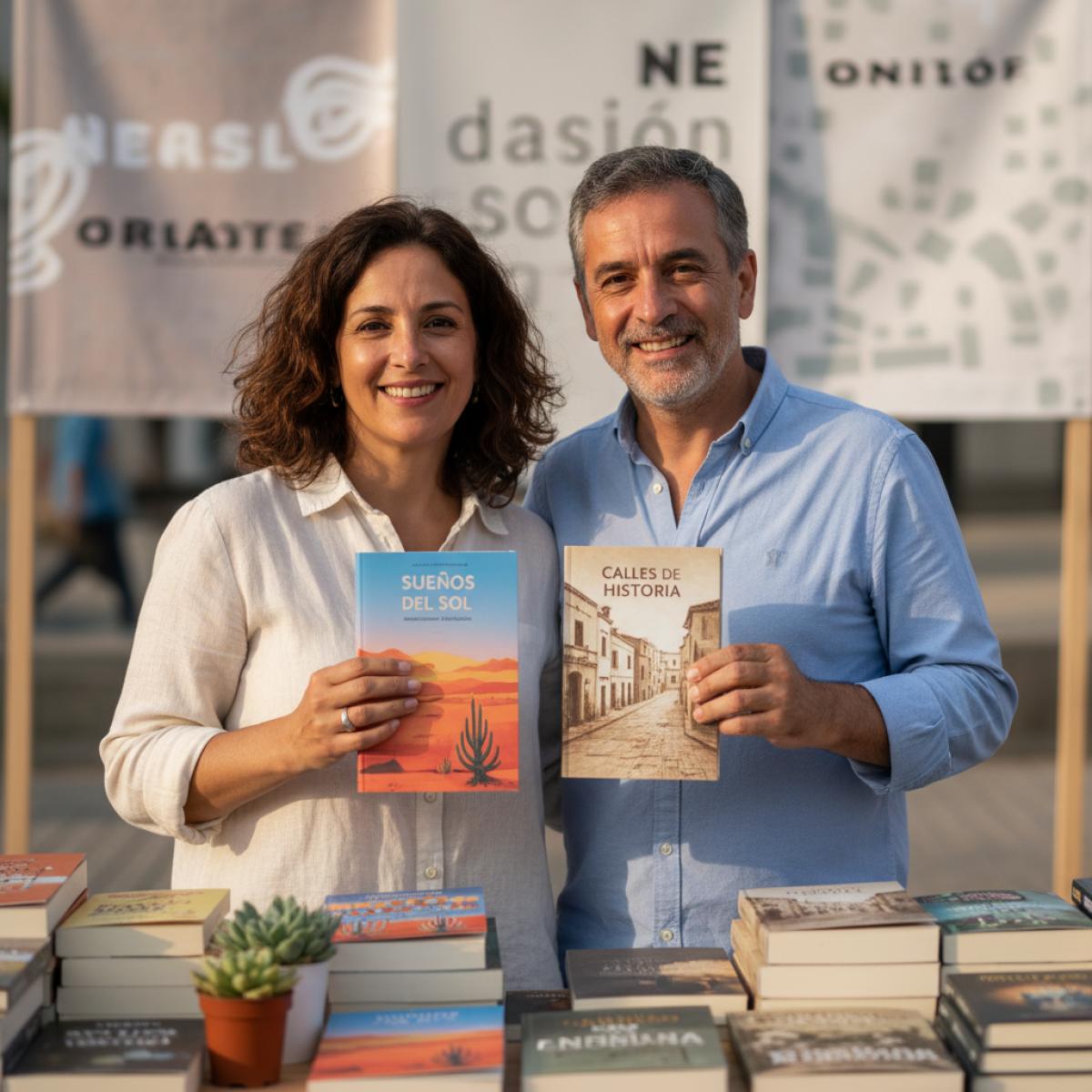 Deux auteur·rices signent leurs livres dans un stand extérieur, piles d’ouvrages, ambiance de foire littéraire, lumière douce de matin.