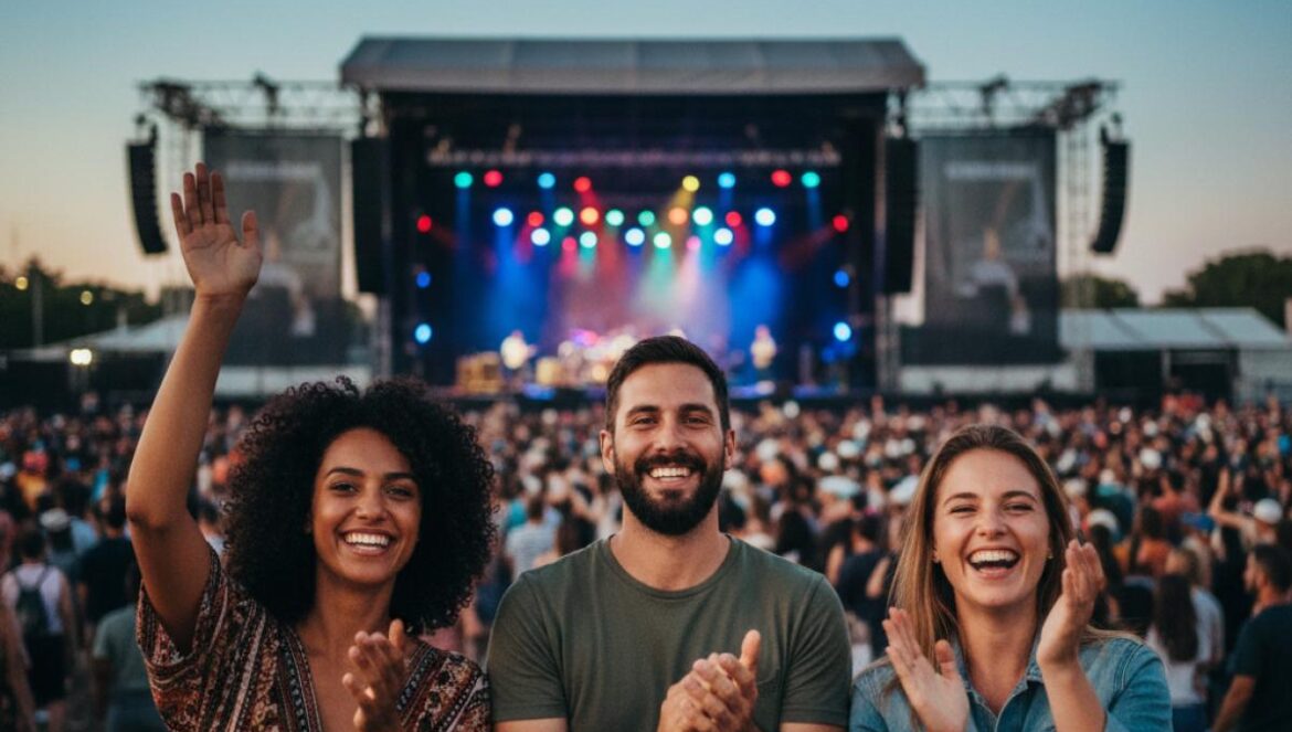 Jeunes spectateurs enthousiastes applaudissant sous les lumières d’un concert en plein air au crépuscule.