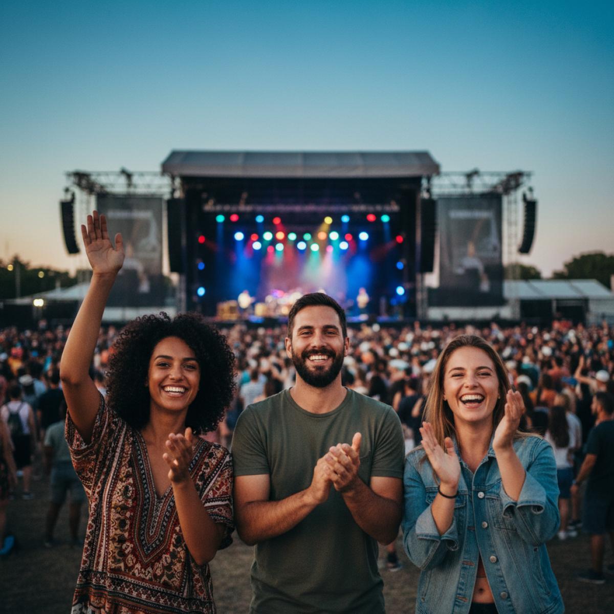 Jeunes spectateurs enthousiastes applaudissant sous les lumières d’un concert en plein air au crépuscule.