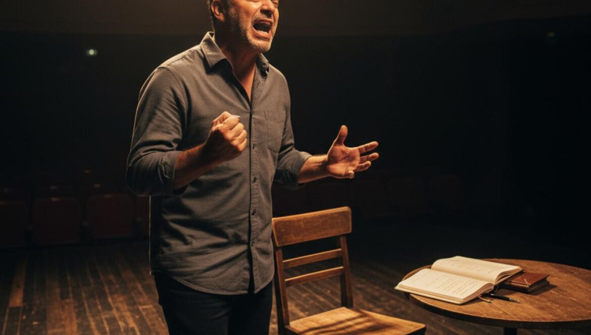 Un acteur d’âge mûr, seul sous un projecteur chaud, monologue sur scène avec une chaise et un carnet.
