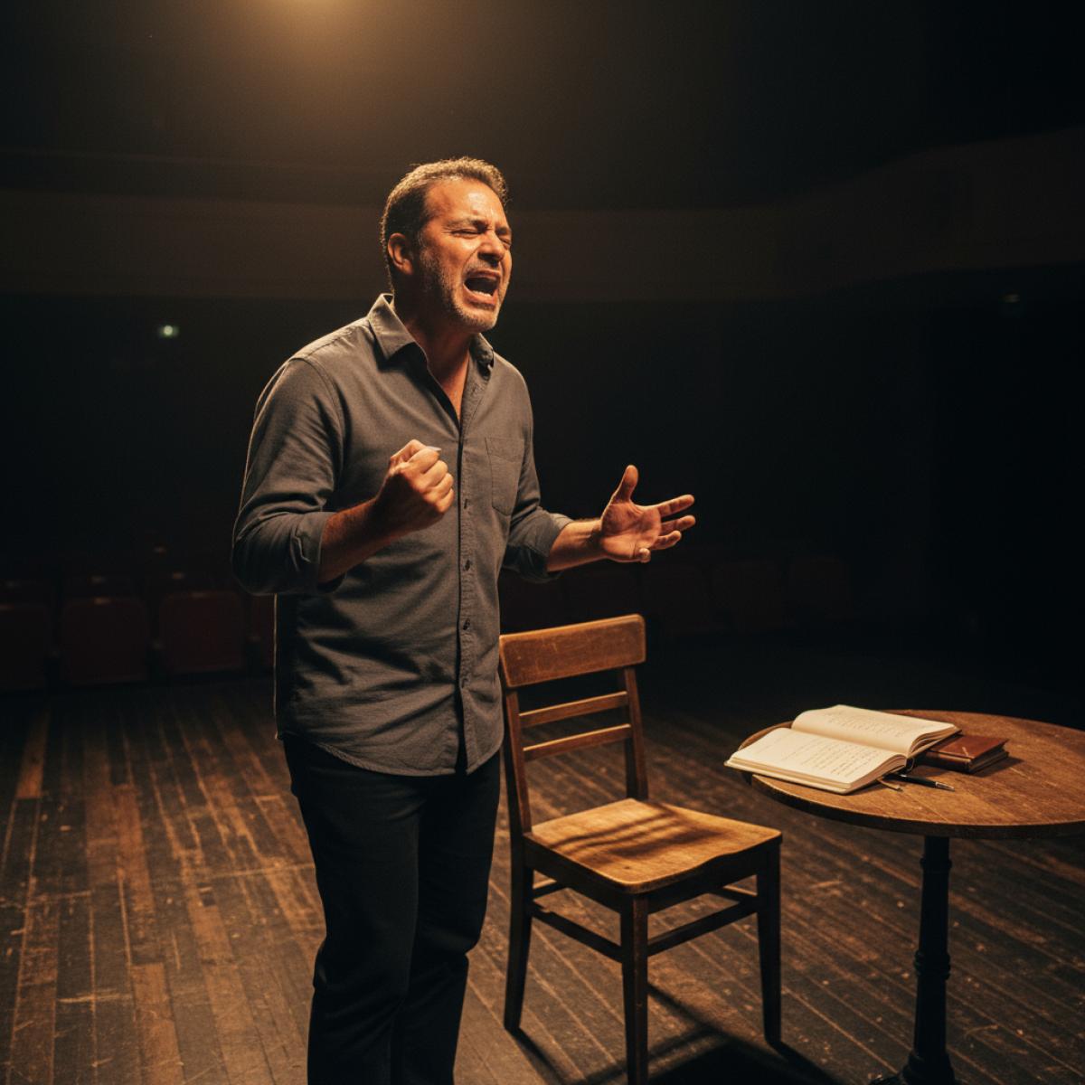 Un acteur d’âge mûr, seul sous un projecteur chaud, monologue sur scène avec une chaise et un carnet.