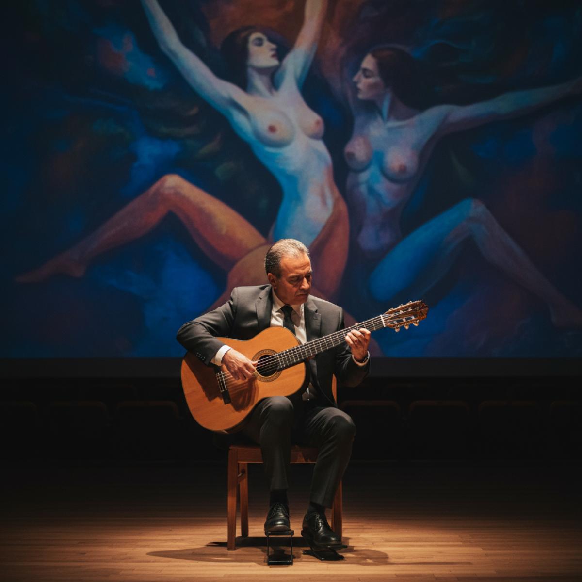 Un guitariste classique joue sur scène, devant la projection floue d’une peinture andalouse évoquant l’univers de Romero de Torres.