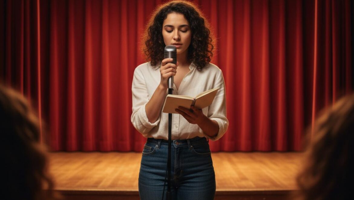 Jeune poète lisant au micro sur une petite scène, lumière chaude, public flou dans un auditorium scolaire.