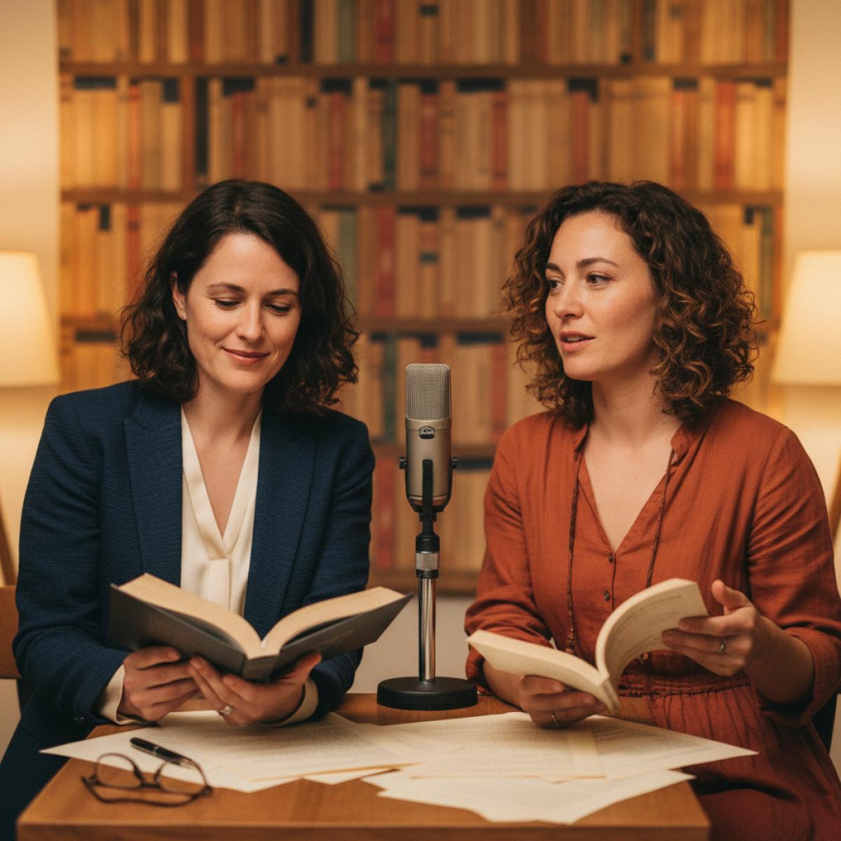Deux autrices lisent sur une petite scène, micro et feuillets, lumière chaude.