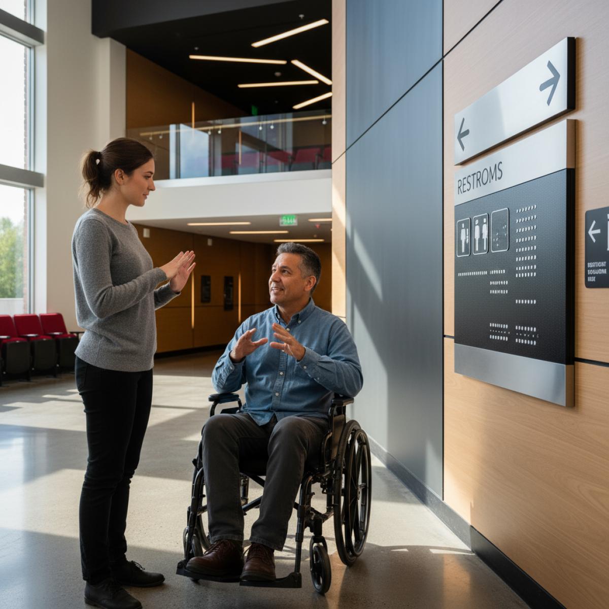 Un spectateur en fauteuil échange avec une interprète LSE dans le hall d’un théâtre, devant une signalétique contrastée avec braille et pictogrammes.
