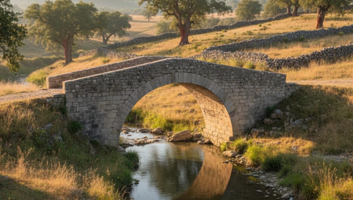 Petit pont en pierre restauré sur un ruisseau, entouré de dehesa dorée et de murets en pierre sèche au soleil couchant.