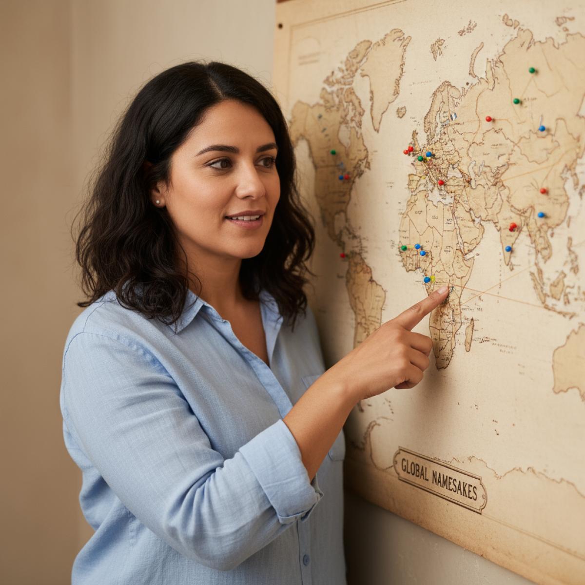 Jeune guide souriante devant une carte du monde vintage, pointant des épingles reliant des villes portant le même nom.