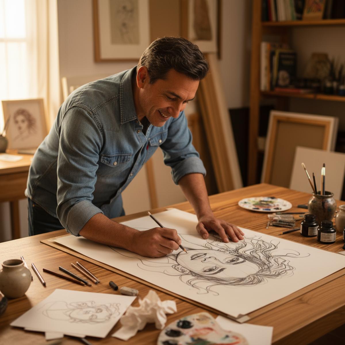 Illustrateur d’âge mûr dessinant un portrait féminin sur un grand poster, atelier lumineux, croquis et pinceaux autour.