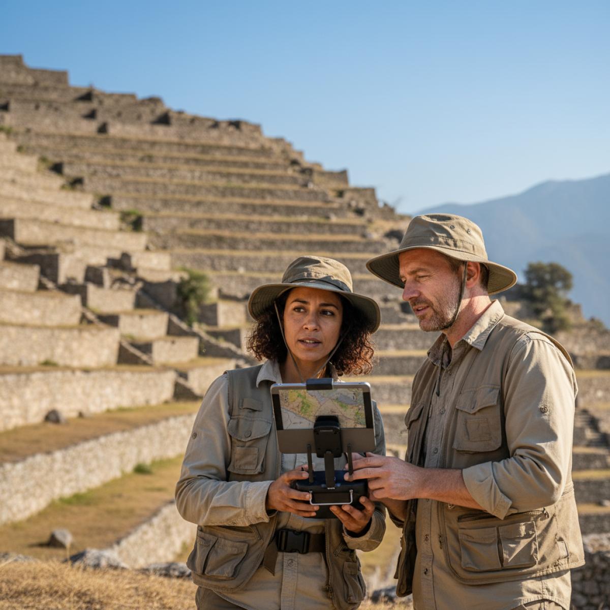 Deux archéologues pilotent un drone au-dessus de terrasses en ruine au soleil, révélant une ville cachée.