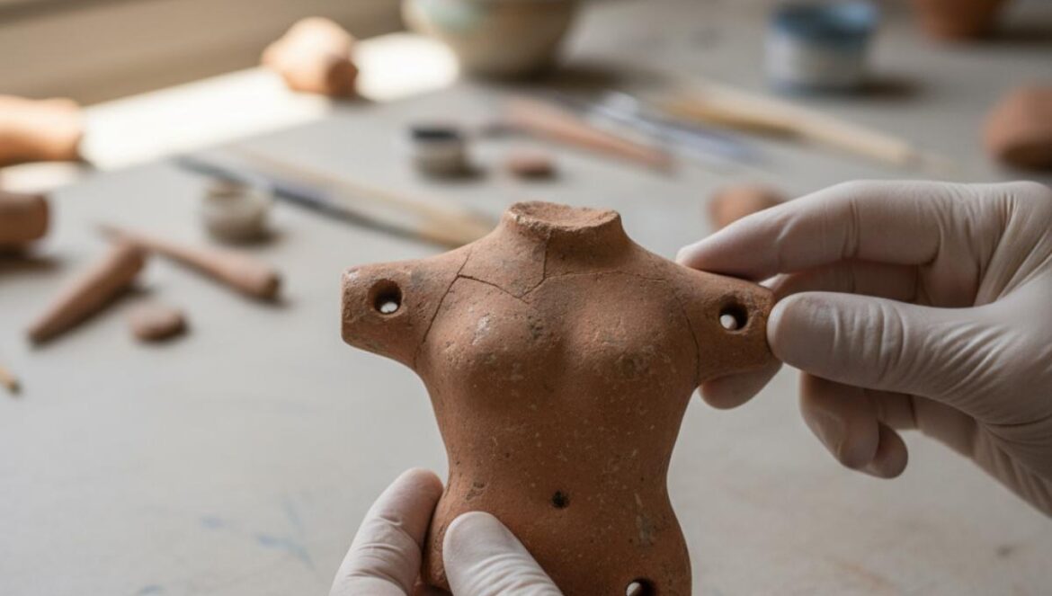Gros plan d’une poupée antique en terre cuite, articulée, tenue par des mains dans un labo d’archéologie.