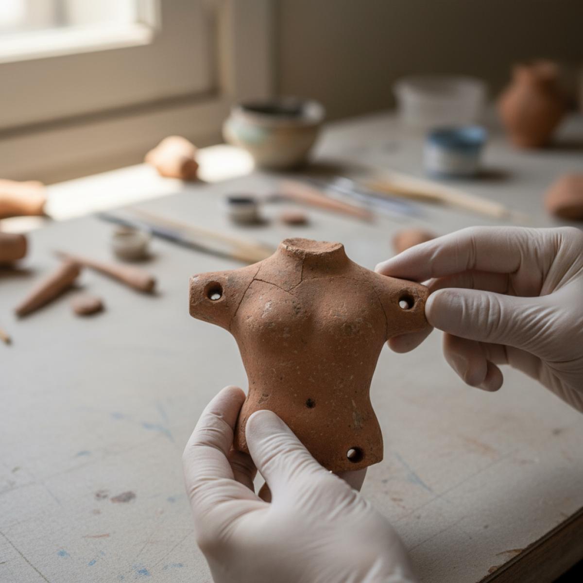 Gros plan d’une poupée antique en terre cuite, articulée, tenue par des mains dans un labo d’archéologie.