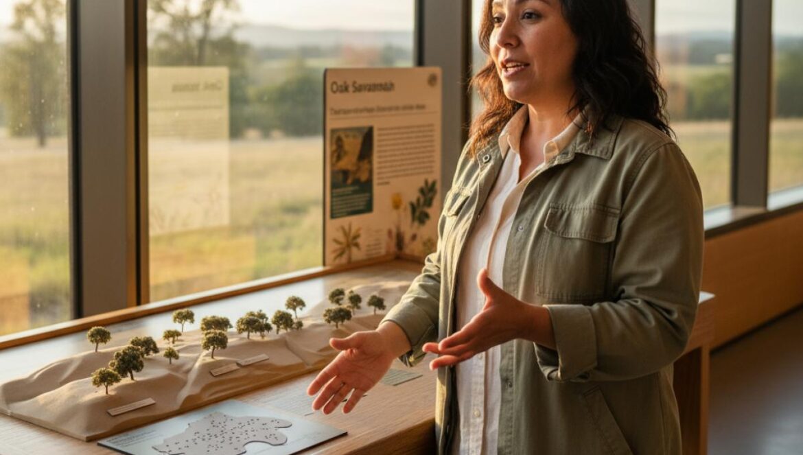 Guide locale présentant une maquette interactive de dehesa dans un centre moderne, avec chênes au loin.