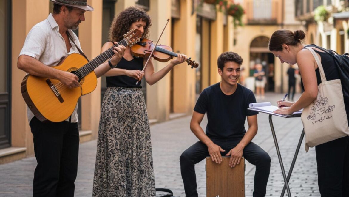 Musiciens de rue jouent pendant qu’un passant signe une pétition sur une avenue piétonne ensoleillée.