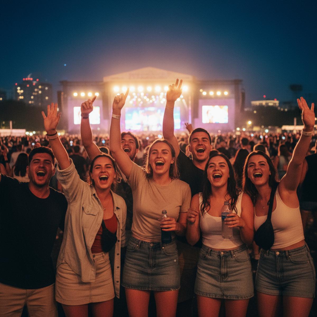 Jeunes spectateurs chantant ensemble lors d’un concert en plein air à Córdoba, bras levés, lumières chaudes de la scène.