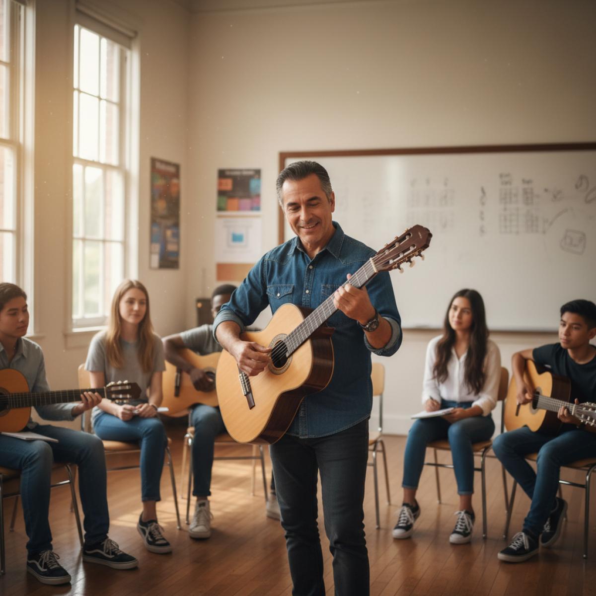 Un maestro de guitare flamenca dirige une masterclass dans une salle lumineuse, étudiants attentifs.