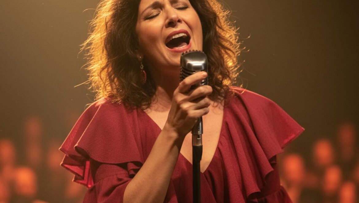 Chanteuse andalouse en robe rouge, micro à la main, éclairage doré sur scène, ambiance théâtrale intime.