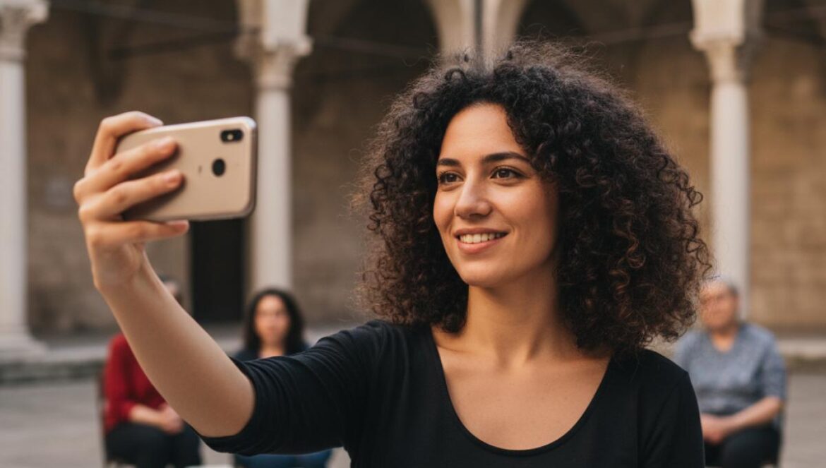Jeune femme prenant un selfie dans un patio ancien, arches en pierre et lumière du soir.