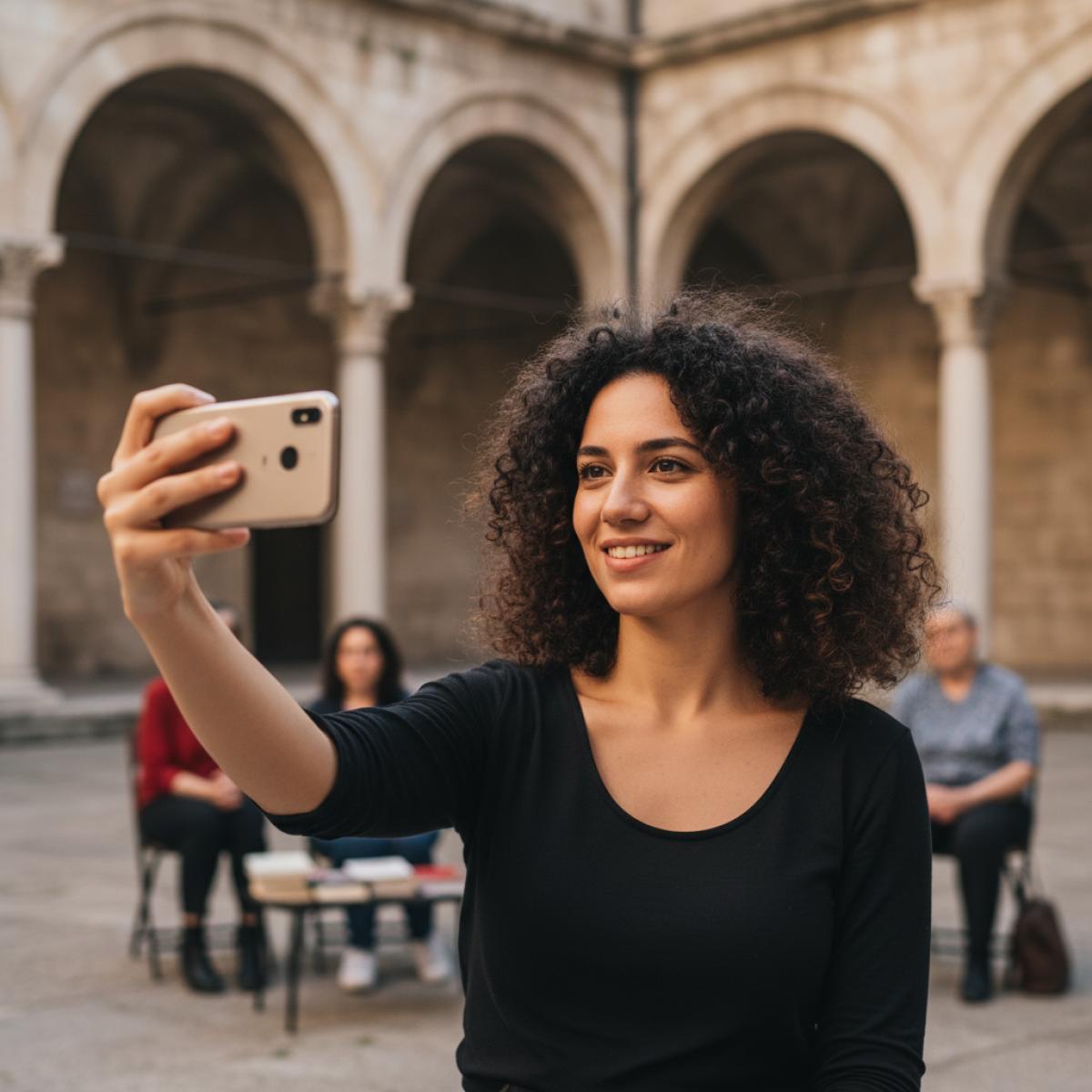 Jeune femme prenant un selfie dans un patio ancien, arches en pierre et lumière du soir.
