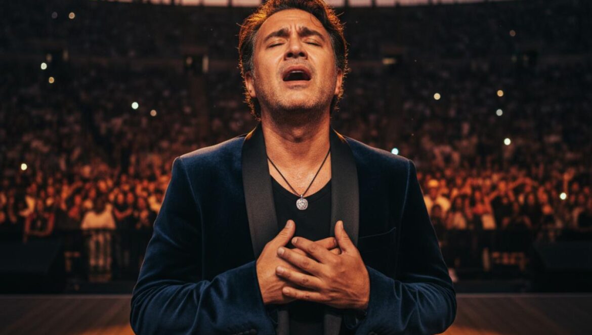 Chanteur en pleine performance sur une scène en plein air, lumière dorée, public en gradins, ambiance de soirée cordouane.