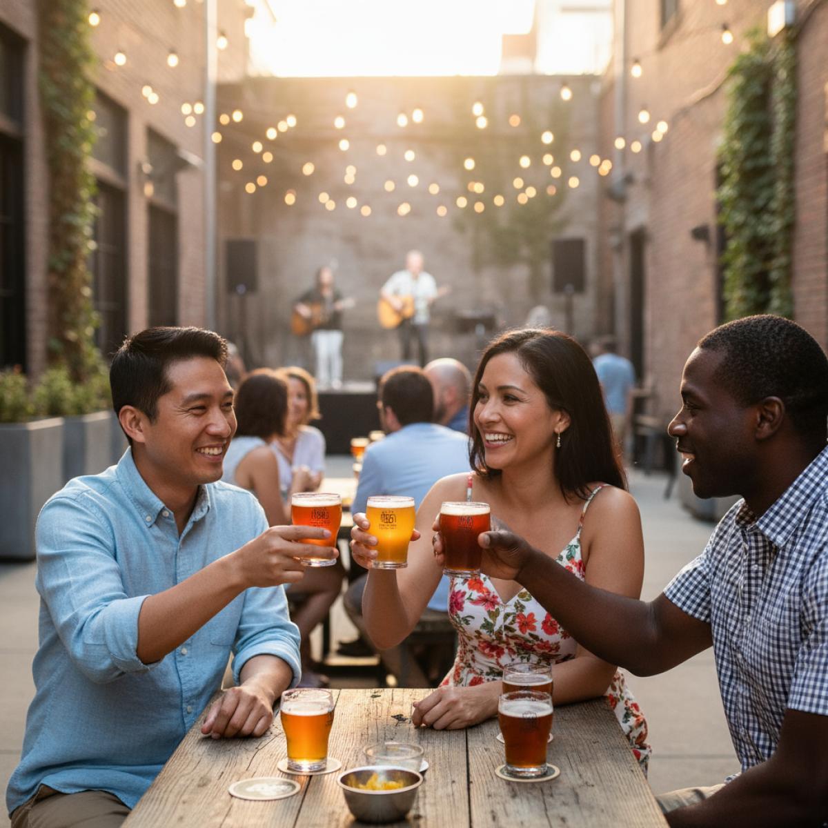Trois amis dégustent une bière dans une cour à ciel ouvert illuminée de guirlandes, scène musicale en fond.