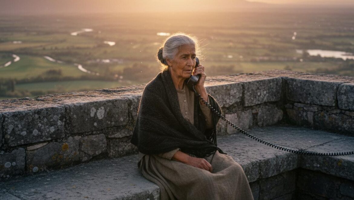 Une grand-mère au téléphone sur une terrasse de pierre, vent léger, campagne dorée au loin.