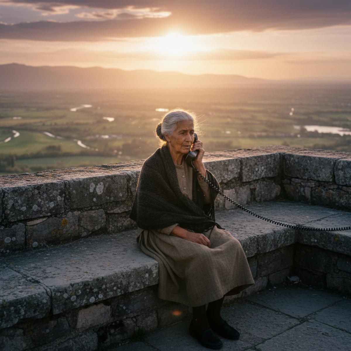 Une grand-mère au téléphone sur une terrasse de pierre, vent léger, campagne dorée au loin.