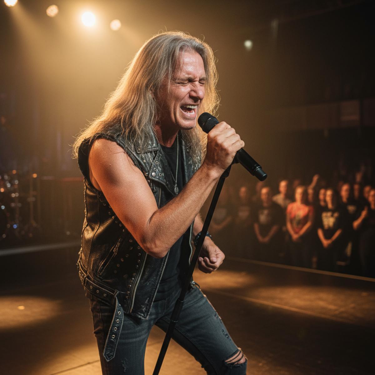 Chanteur de rock andalou sur scène, micro à la main, lumières chaudes et public flou en arrière-plan.