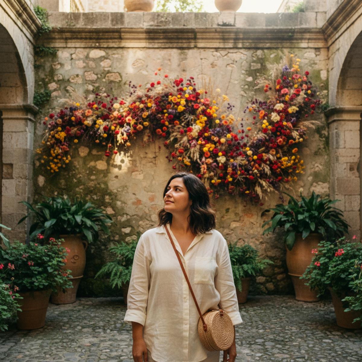 Jeune femme admirant une installation florale contemporaine dans un patio andalou lumineux.