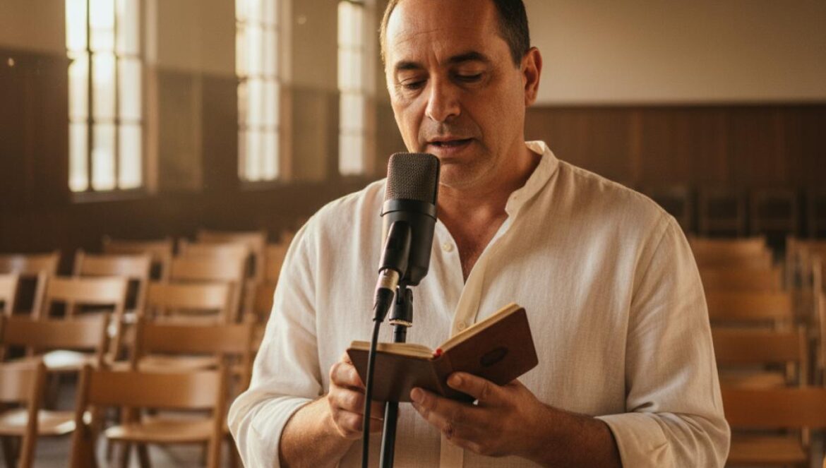 Un poète lit au micro dans une petite salle culturelle, lumière dorée et chaises en bois, ambiance intime.