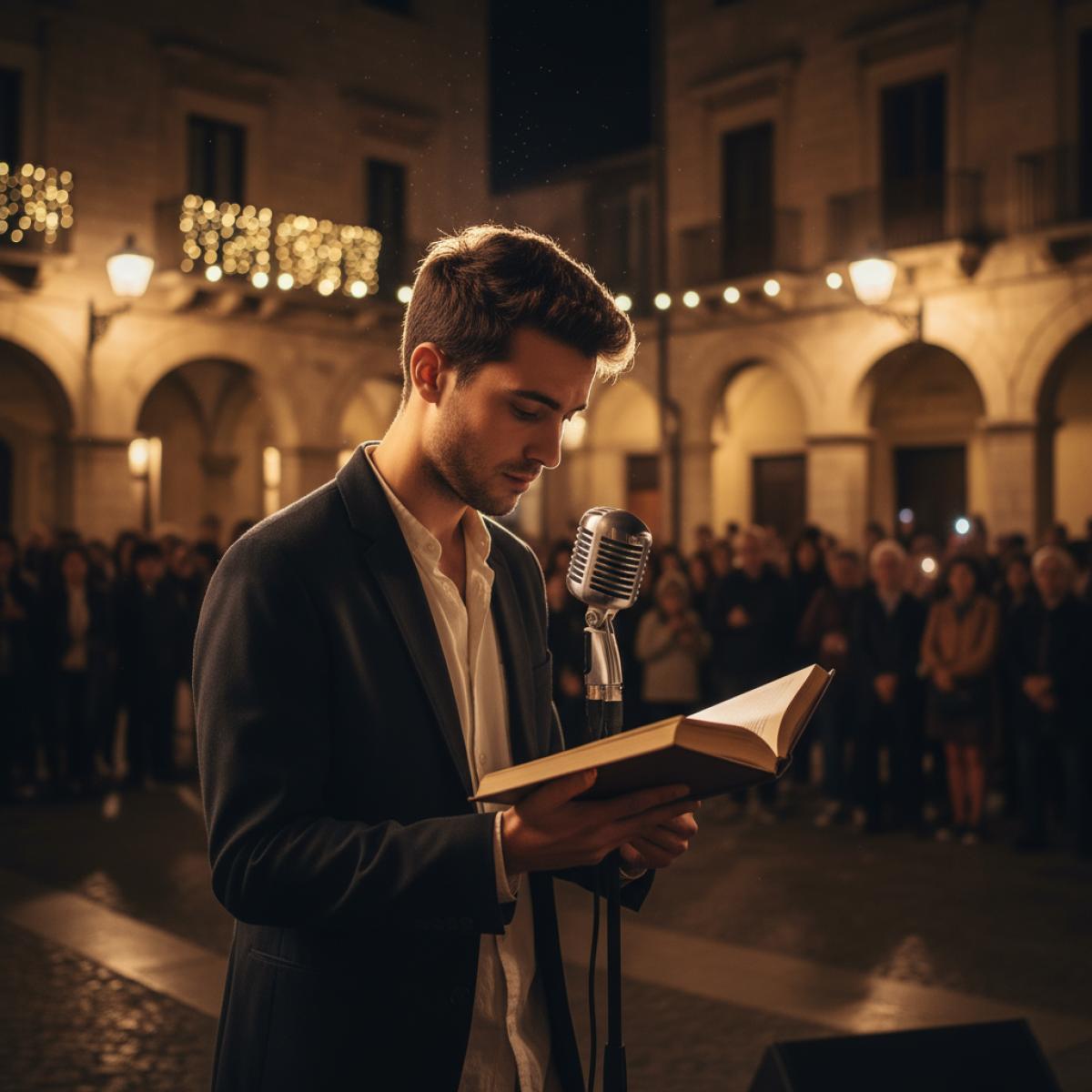 Un écrivain lit au micro, de nuit, sur une place andalouse baignée de lumières chaudes, public attentif.