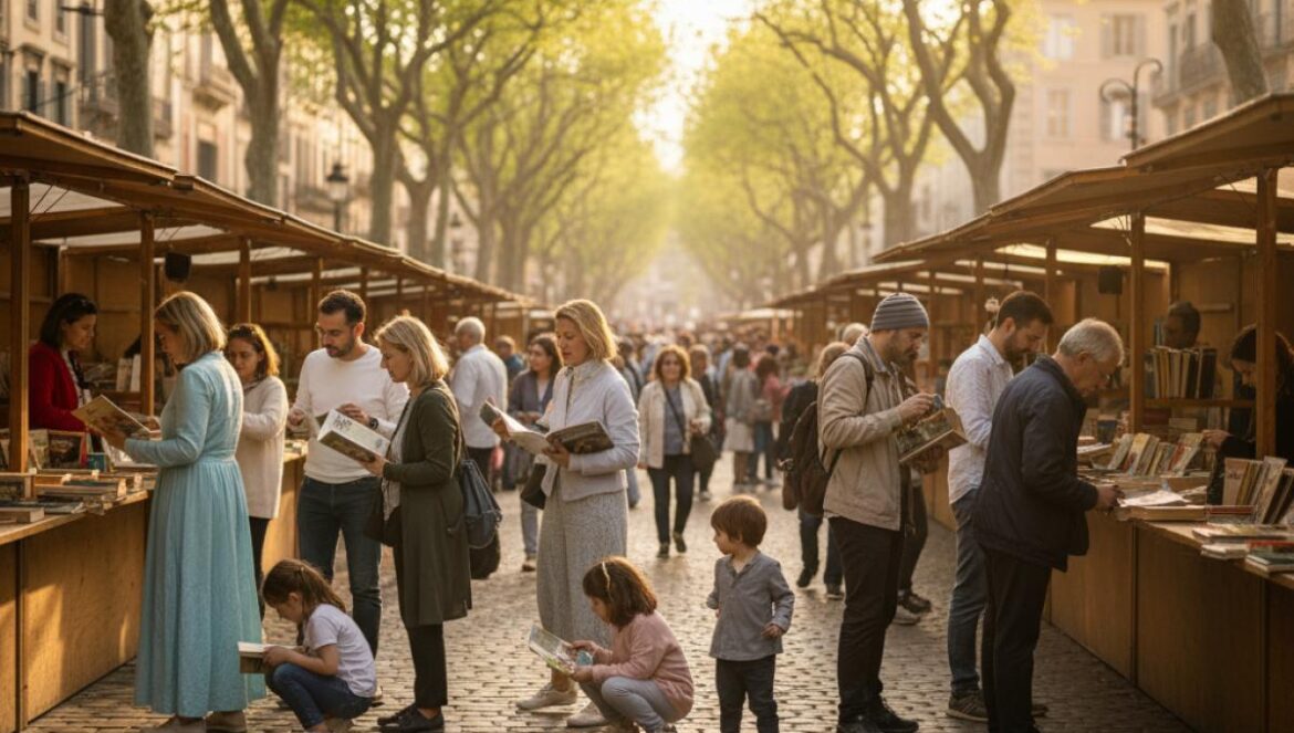 Passants feuilletant des livres sous des stands extérieurs, à l’ombre d’arbres, lumière dorée de fin d’après-midi.