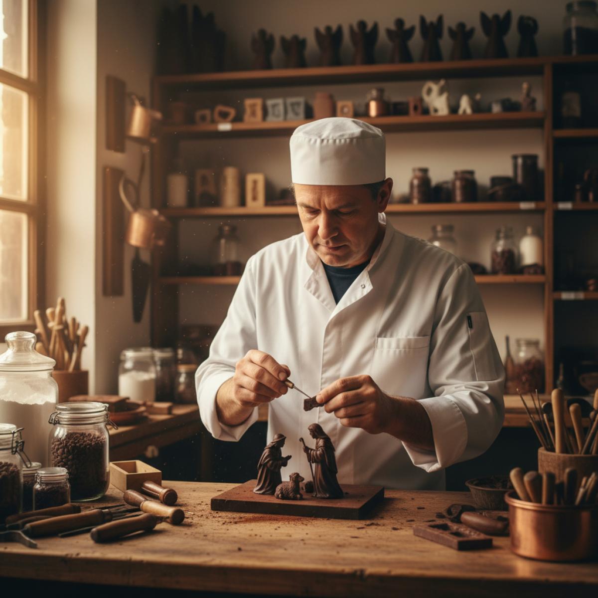 Un chocolatier façonne une figurine de crèche en chocolat dans un atelier chaleureux, outils et moules autour.
