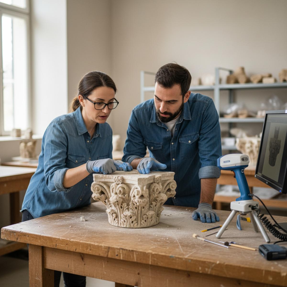 Deux archéologues examinent un chapiteau sculpté dans un atelier de conservation lumineux.