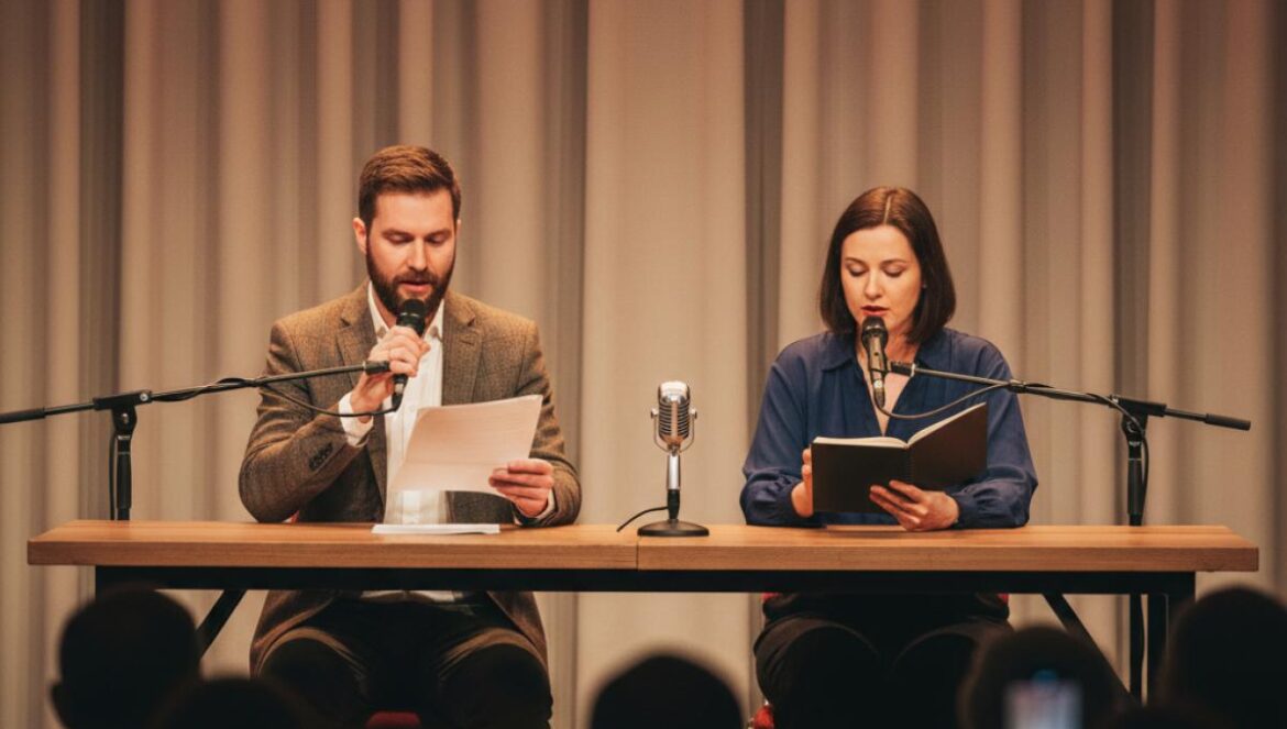 Deux poètes assis sur scène, micro à la main, lumière chaude, public flou au premier plan lors d’un festival de poésie intimiste.