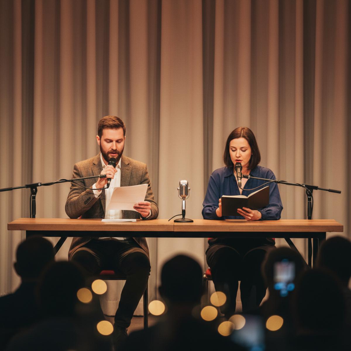 Deux poètes assis sur scène, micro à la main, lumière chaude, public flou au premier plan lors d’un festival de poésie intimiste.
