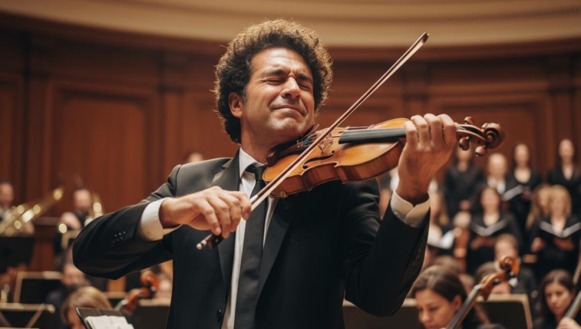 Un violoniste en pleine interprétation devant un orchestre et un chœur, éclairé par une lumière chaude.