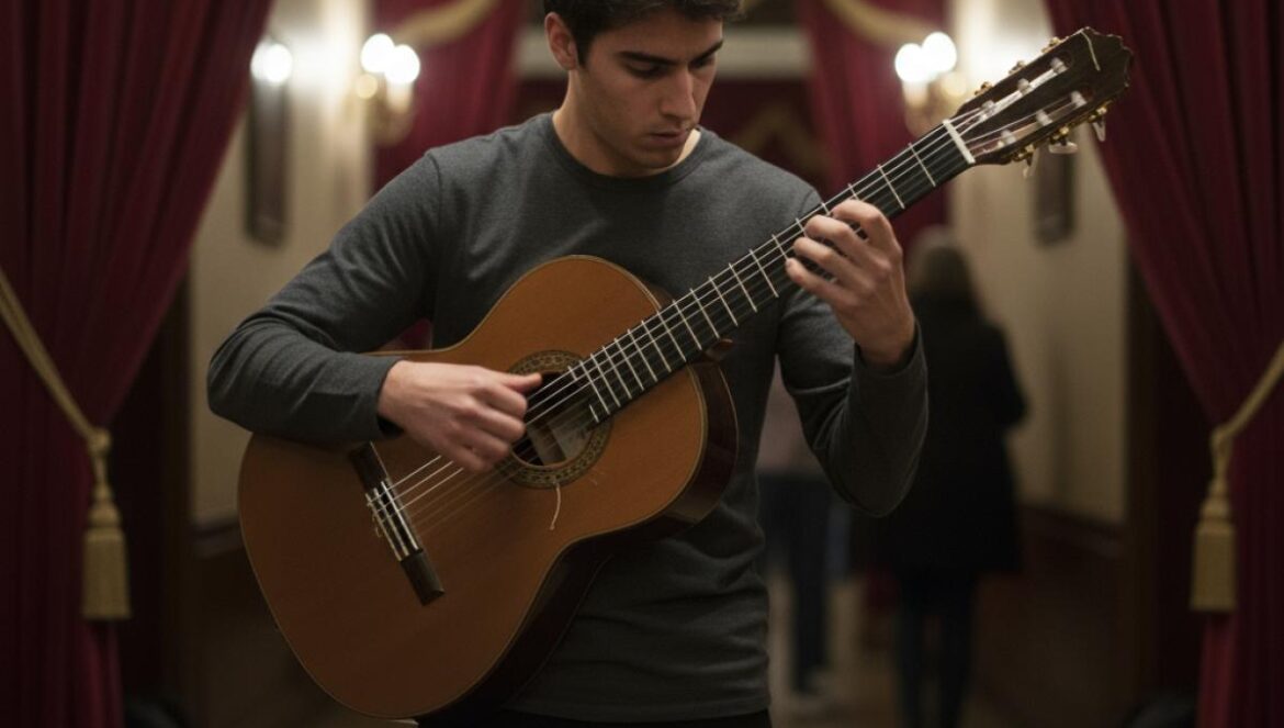 Jeune guitariste flamenco répétant en coulisses, guitare serrée, regard concentré, lumière chaude de théâtre.
