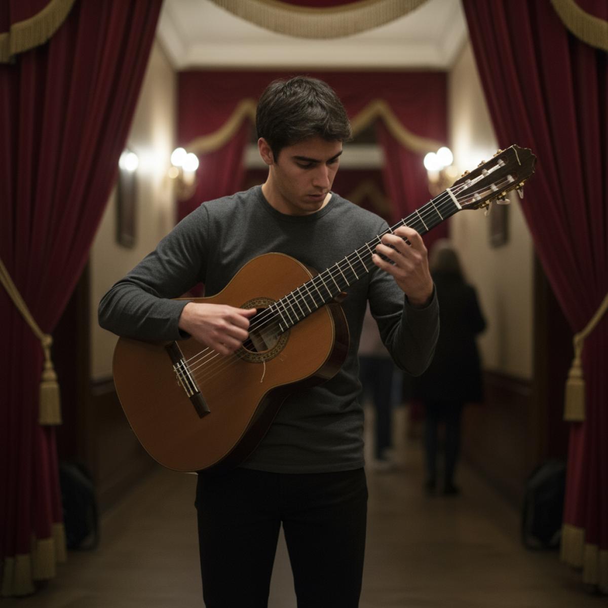 Jeune guitariste flamenco répétant en coulisses, guitare serrée, regard concentré, lumière chaude de théâtre.