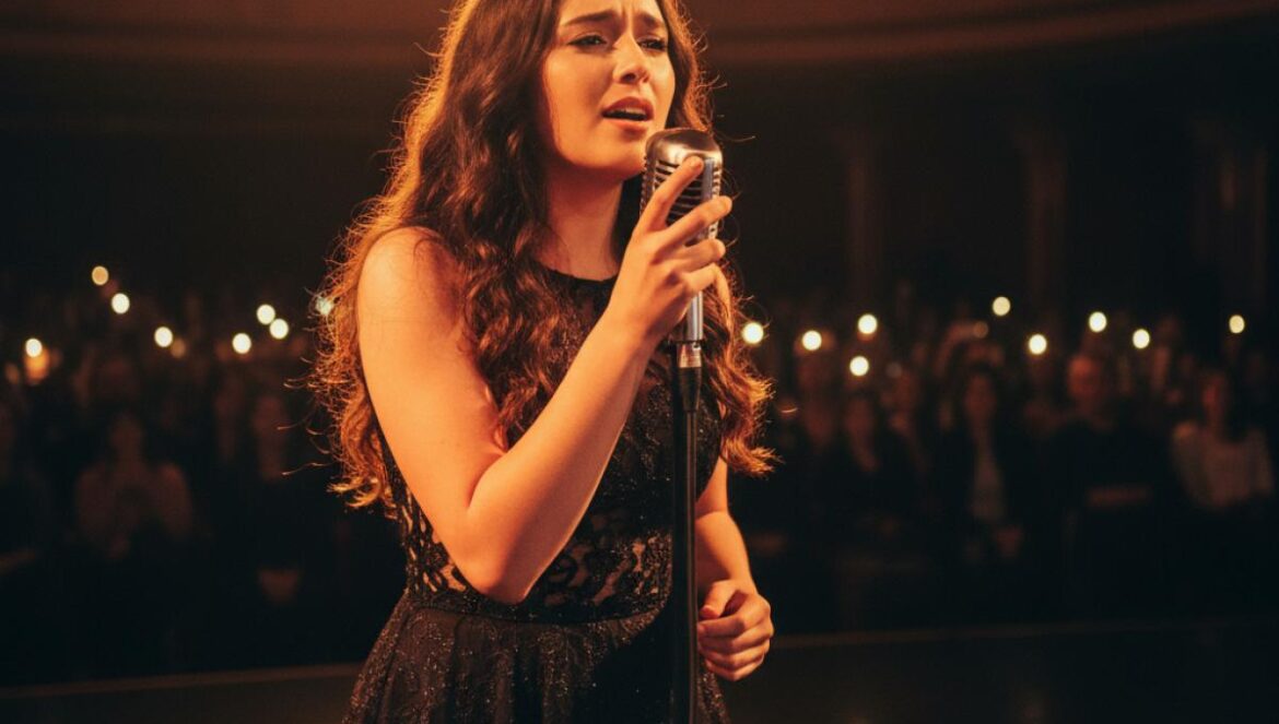 Chanteuse espagnole au micro sous des projecteurs chauds, public flou derrière.