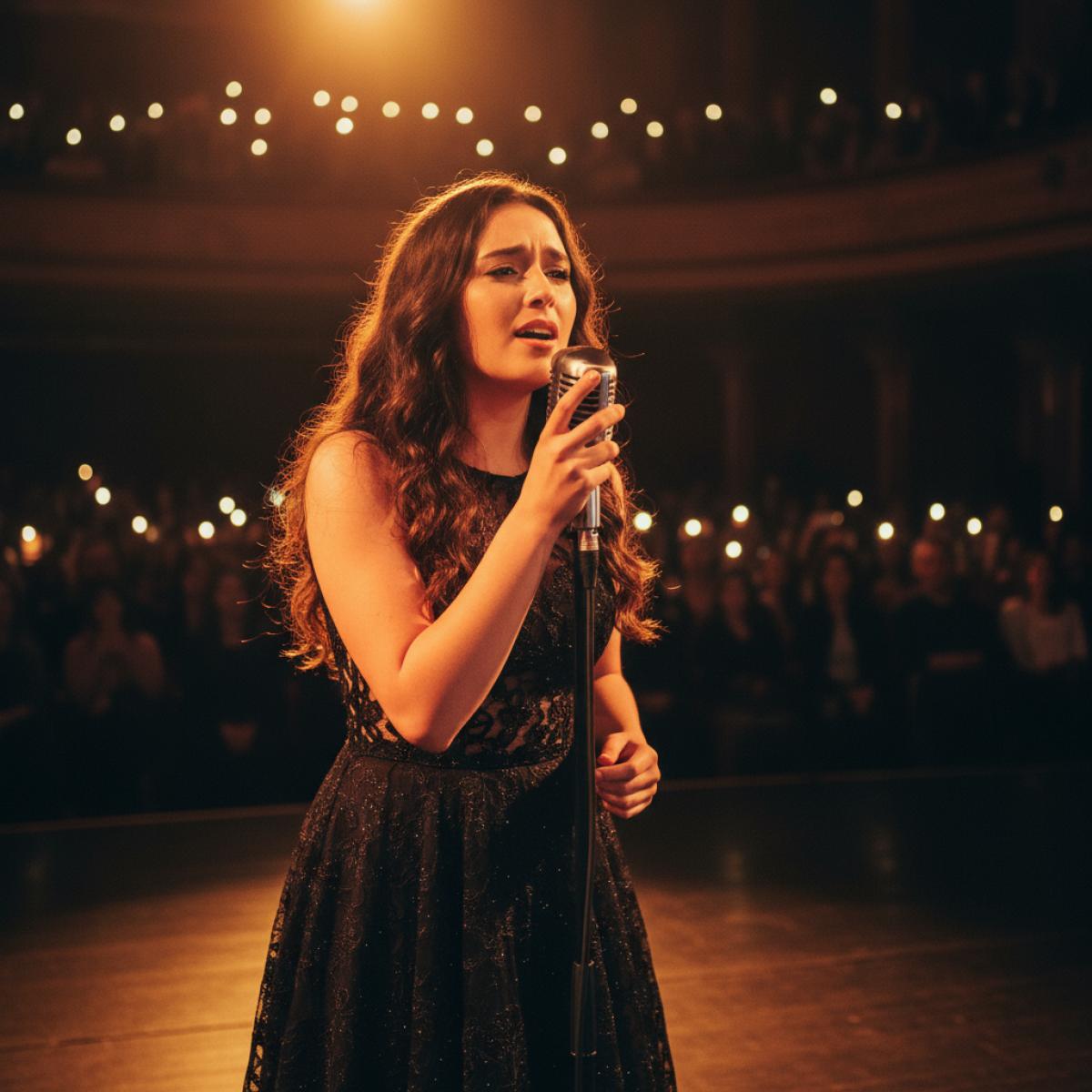 Chanteuse espagnole au micro sous des projecteurs chauds, public flou derrière.