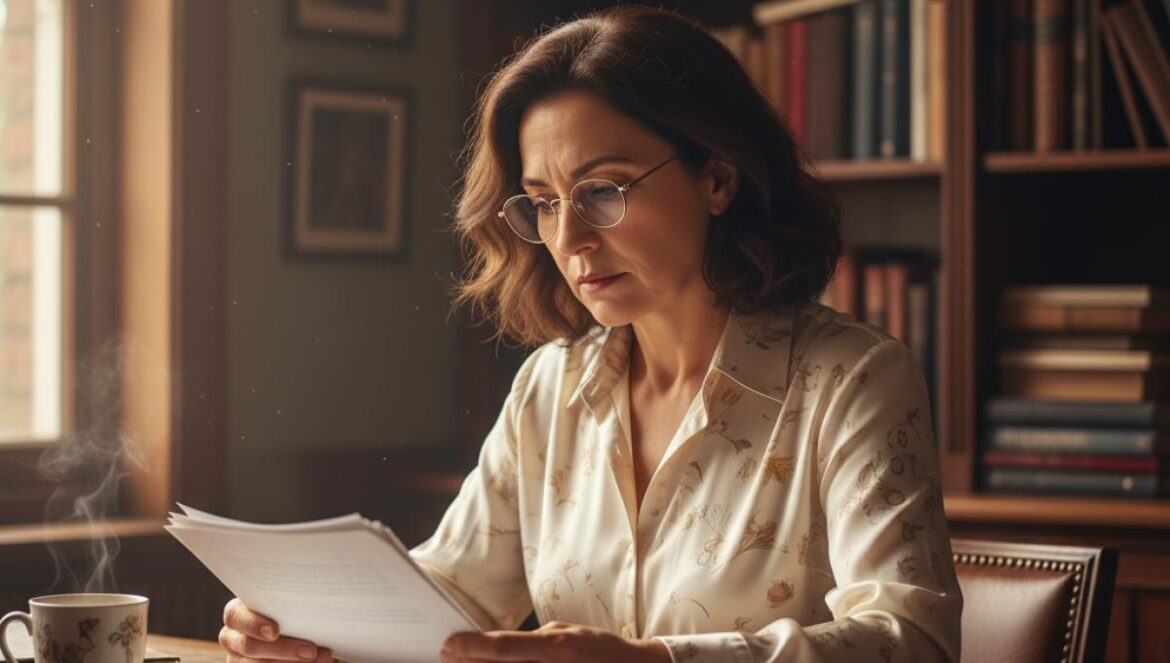 Portrait d’une écrivaine réfléchissant devant des dossiers, dans un bureau lumineux tapissé de livres.
