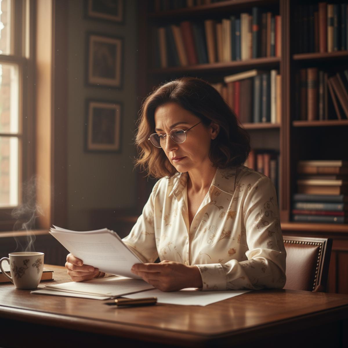 Portrait d’une écrivaine réfléchissant devant des dossiers, dans un bureau lumineux tapissé de livres.