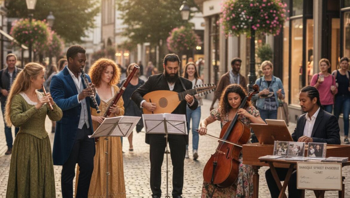 Musiciens classiques jouent en plein air sur une rue piétonne animée, signatures à côté.
