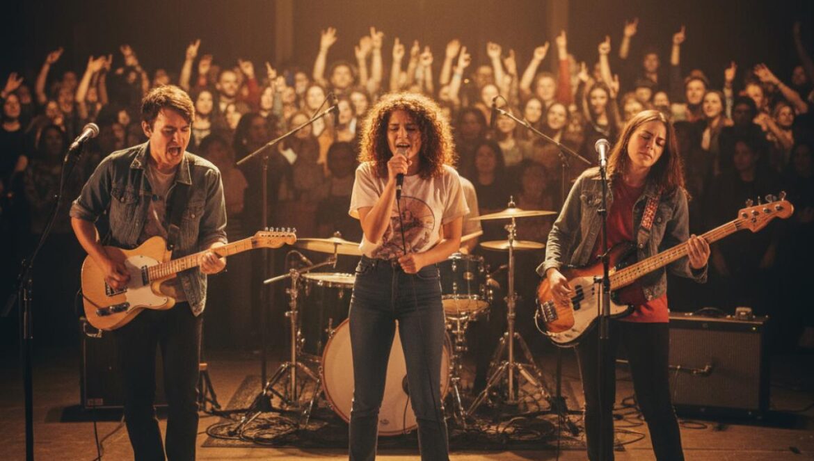 Groupe sur scène dans un auditorium municipal, lumières chaudes et public conquis, ambiance indie rock andalouse.