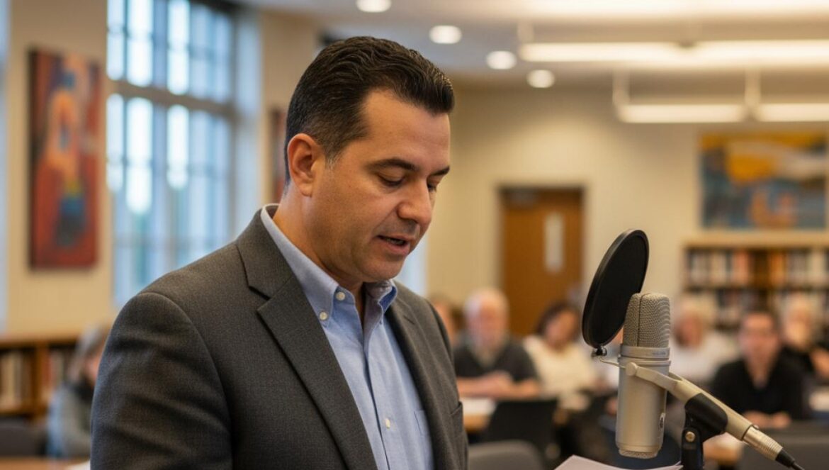 Un auteur lit au micro dans une salle de bibliothèque, public flou en arrière-plan.
