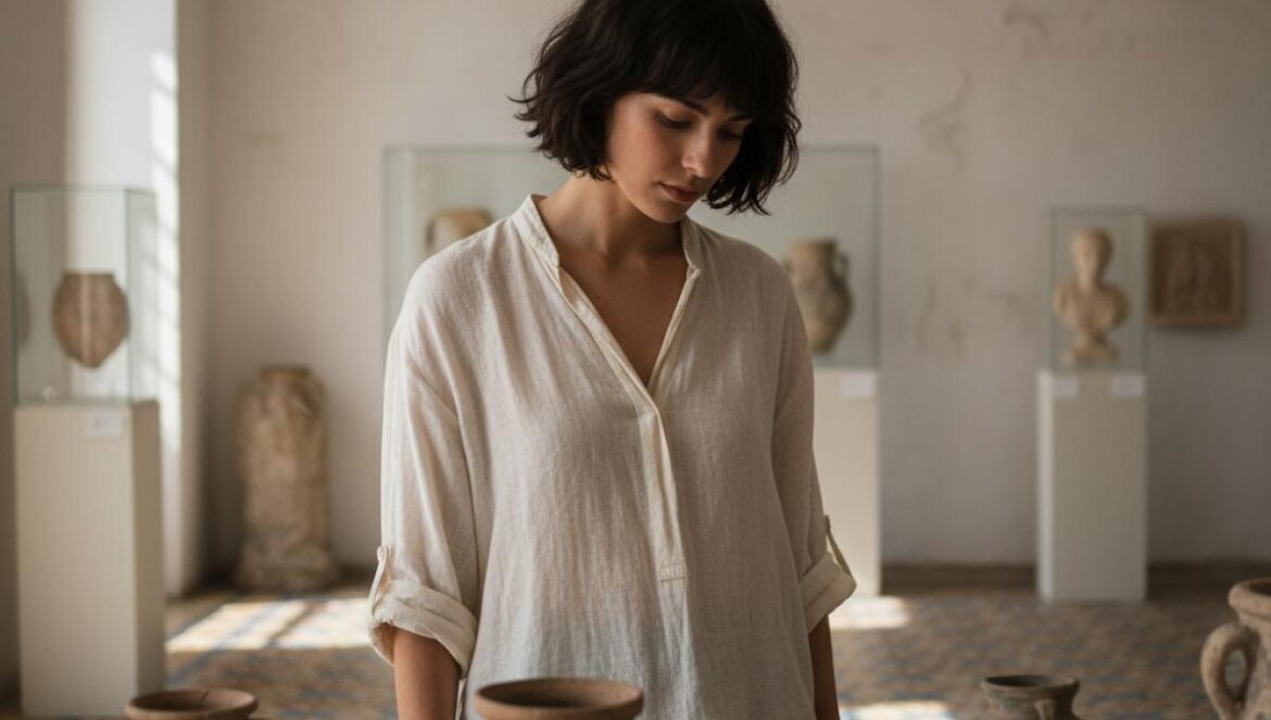 Visiteuse contemplant des objets égyptiens dans une galerie lumineuse aux murs blancs, ambiance méditerranéenne.