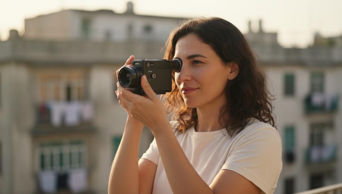 Mujer adulta con una cámara de vídeo en las manos, frente a bloques de viviendas con ropa tendida.